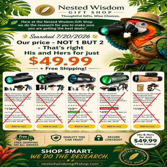 A promotional flyer for the Nested Wisdom Gift Shop featuring a parrot in a jungle-themed background, with text offering discounts and a grid of crossed-out product listings under 'His and Hers' binoculars.