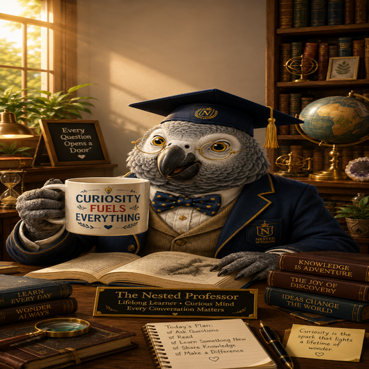 A stylized owl dressed as a scholar in a navy blue academic cap and bow tie sits at a desk surrounded by books, holding a mug that reads 'CURIOSITY FUELSES EVERYTHING.' The scene is a warm library/study with shelves, a globe, and handwritten notes.