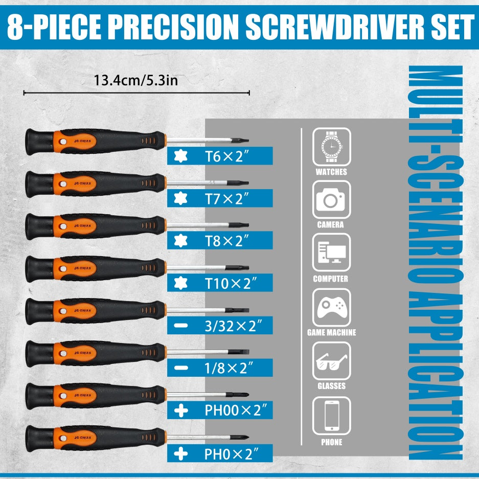 8-piece precision screwdriver set with specifications on a gray background