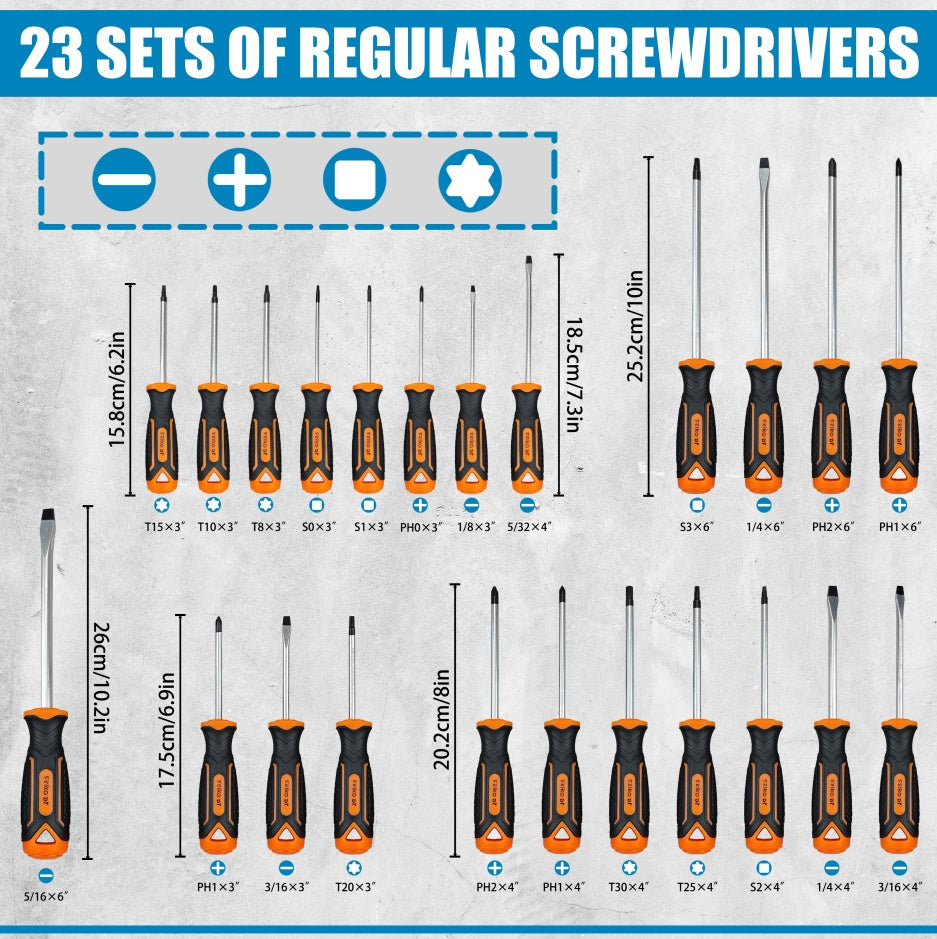 Set of 23 regular screwdrivers with measurements and symbols on a textured background