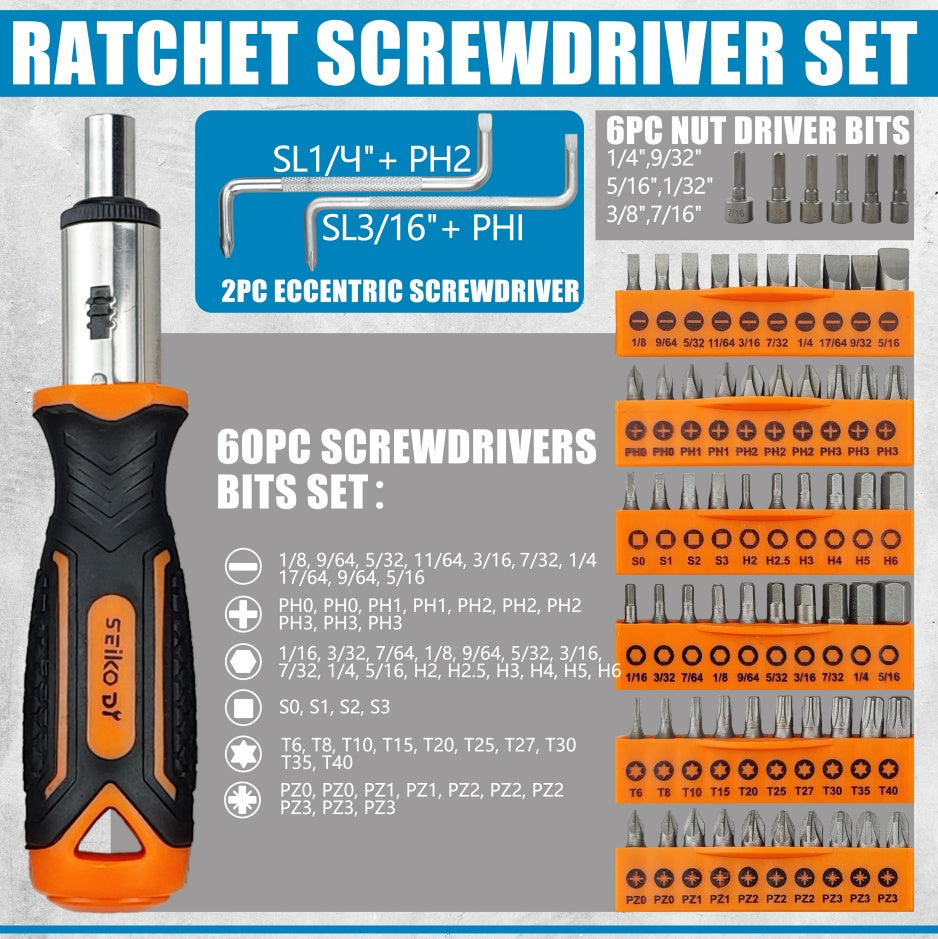 Screwdriver set with ratchet handle and various bits on a gray background