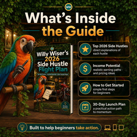 Book titled 'Willy Wiser's 2026 Side Hustle Flight Plan' with a parrot on a branch, set against a natural background.