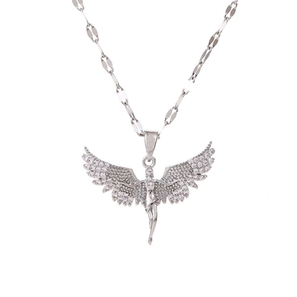 Silver angel pendant necklace on a white background
