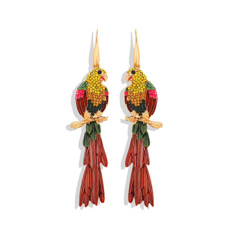 Colorful parrot-shaped earrings on a white background