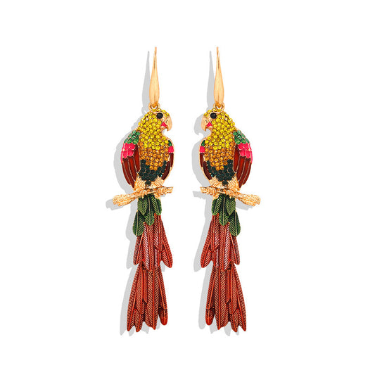 Colorful parrot-shaped earrings on a white background