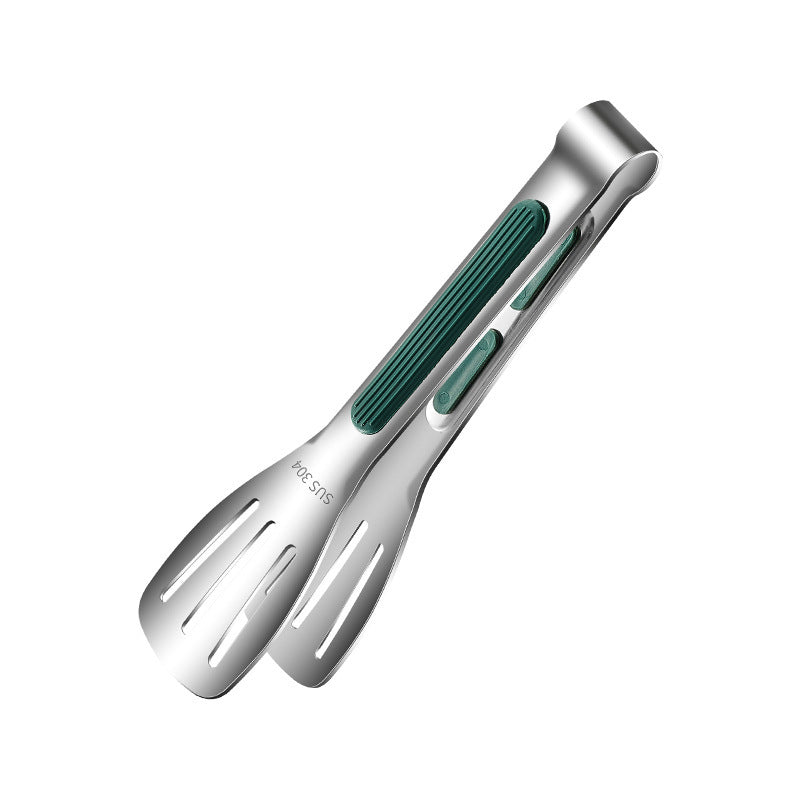 Metallic kitchen tongs with green accents on a white background