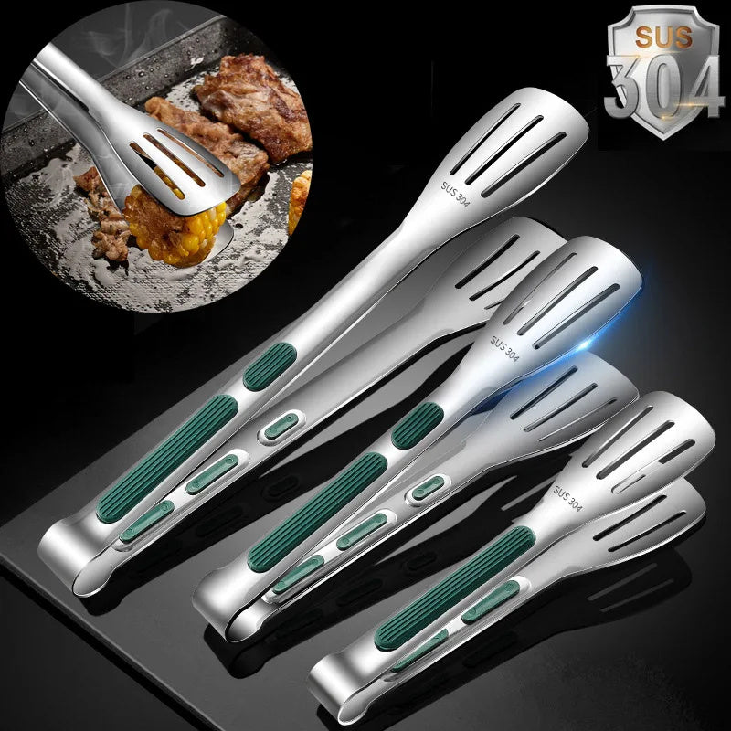 Set of four stainless steel spatulas with green accents on a black background, featuring the brand 'SUS 304'.