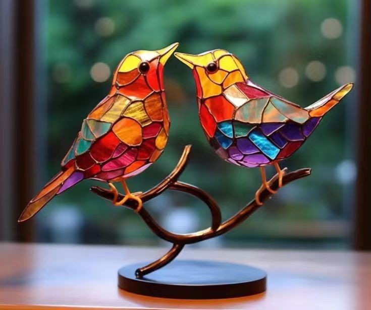 Colorful stained glass birds on a branch with a blurred green background