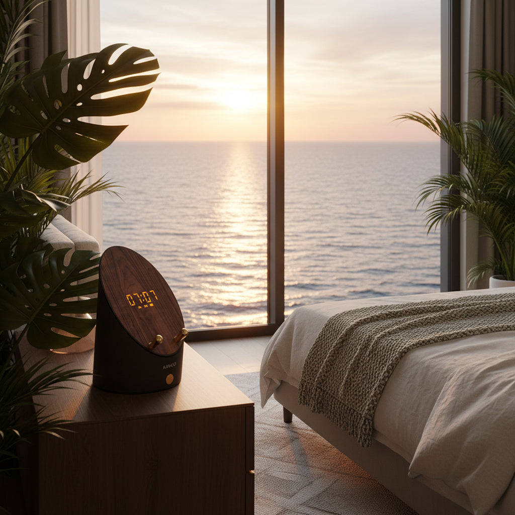 wireless speaker phone charger on nightstand